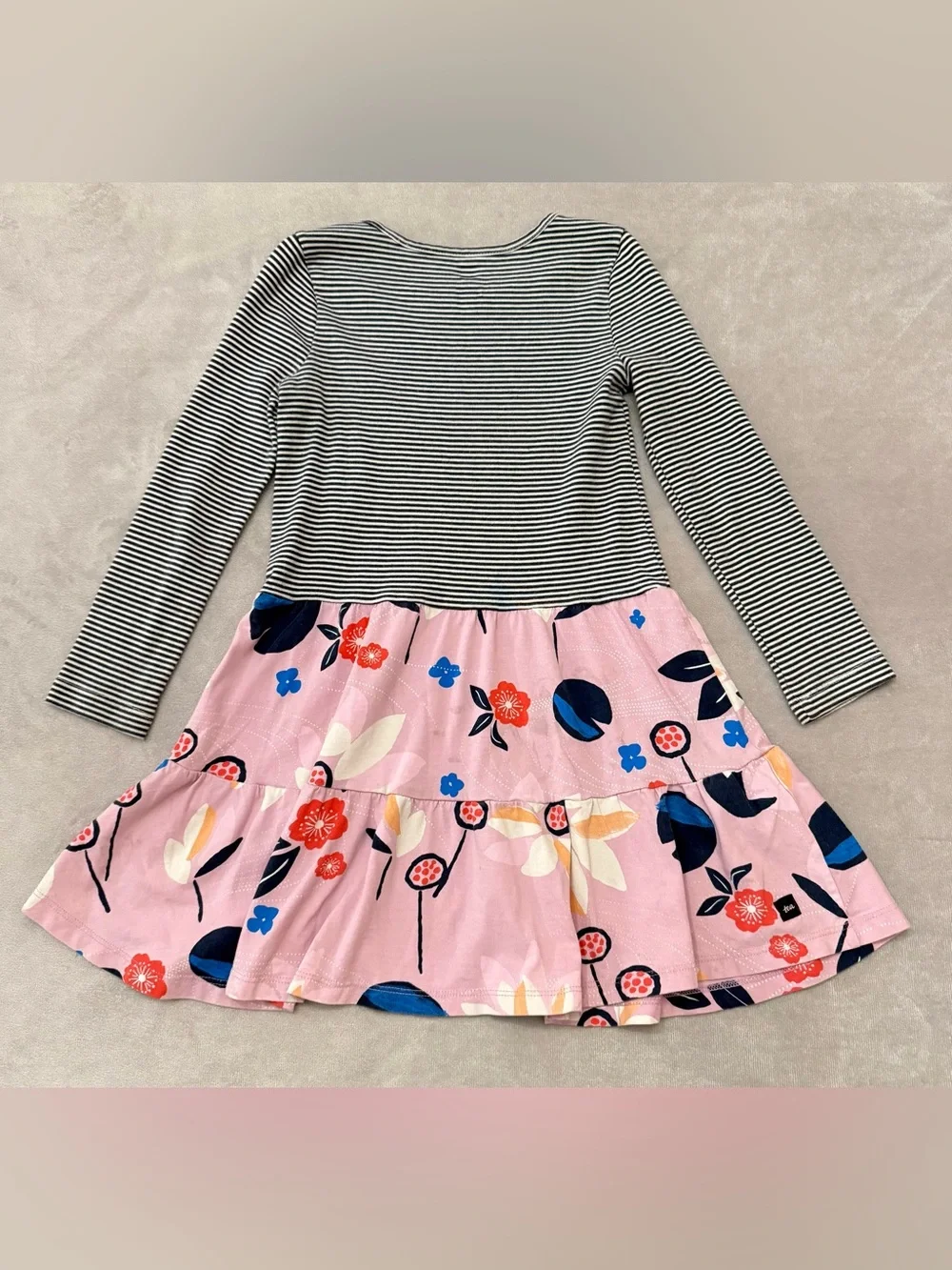 Tea Collection Girls Floral Dress Size 6 Pink Black Striped Long Sleeve Cotton - Picture 6 of 9